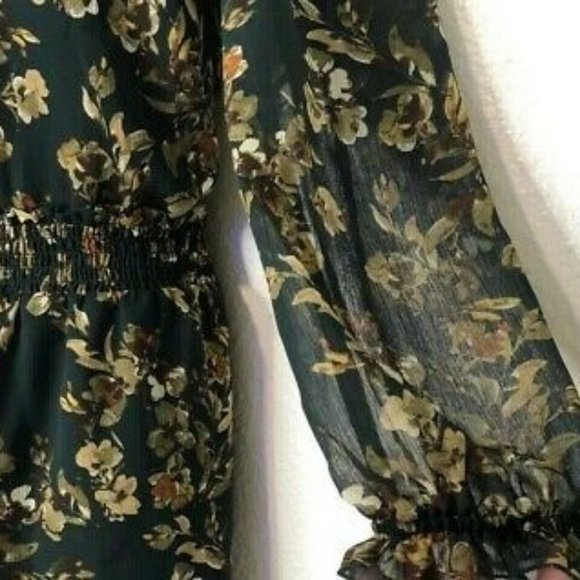 Drew Floral Green Fern and Brown Ruffle Chiffon Knee Length Dress Size M NWT - Picture 8 of 9